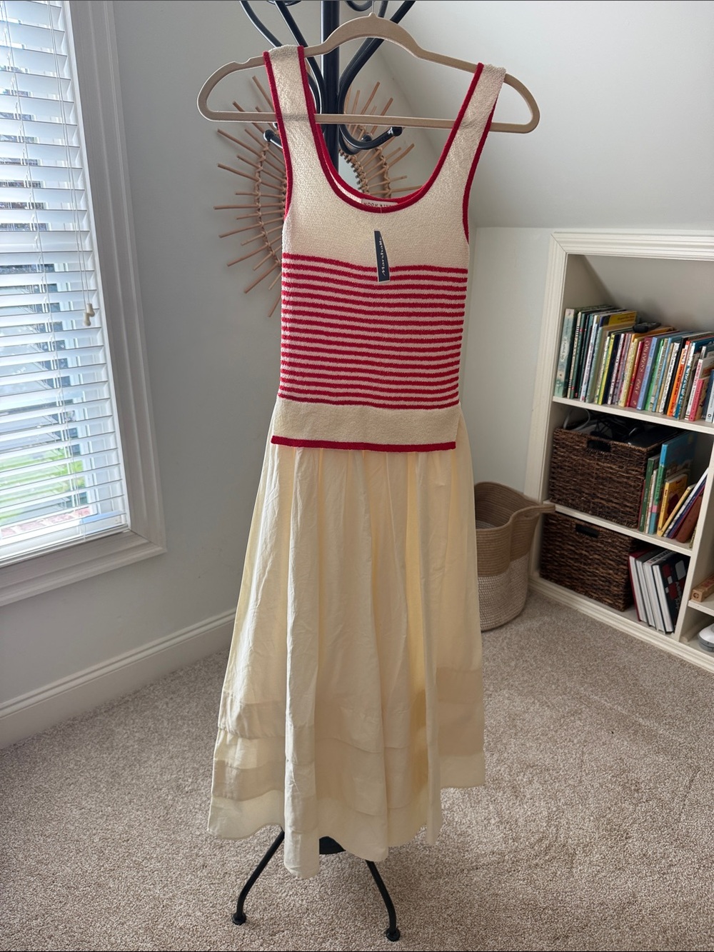 Moon River Cream Maxi Dress with Red Striped Knit Bodice